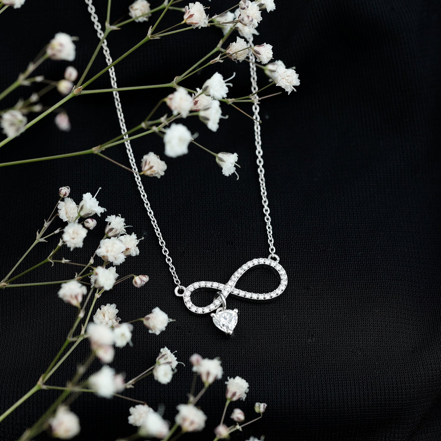 Sterling Silver Moissanite Infinity Necklace with Heart Charm