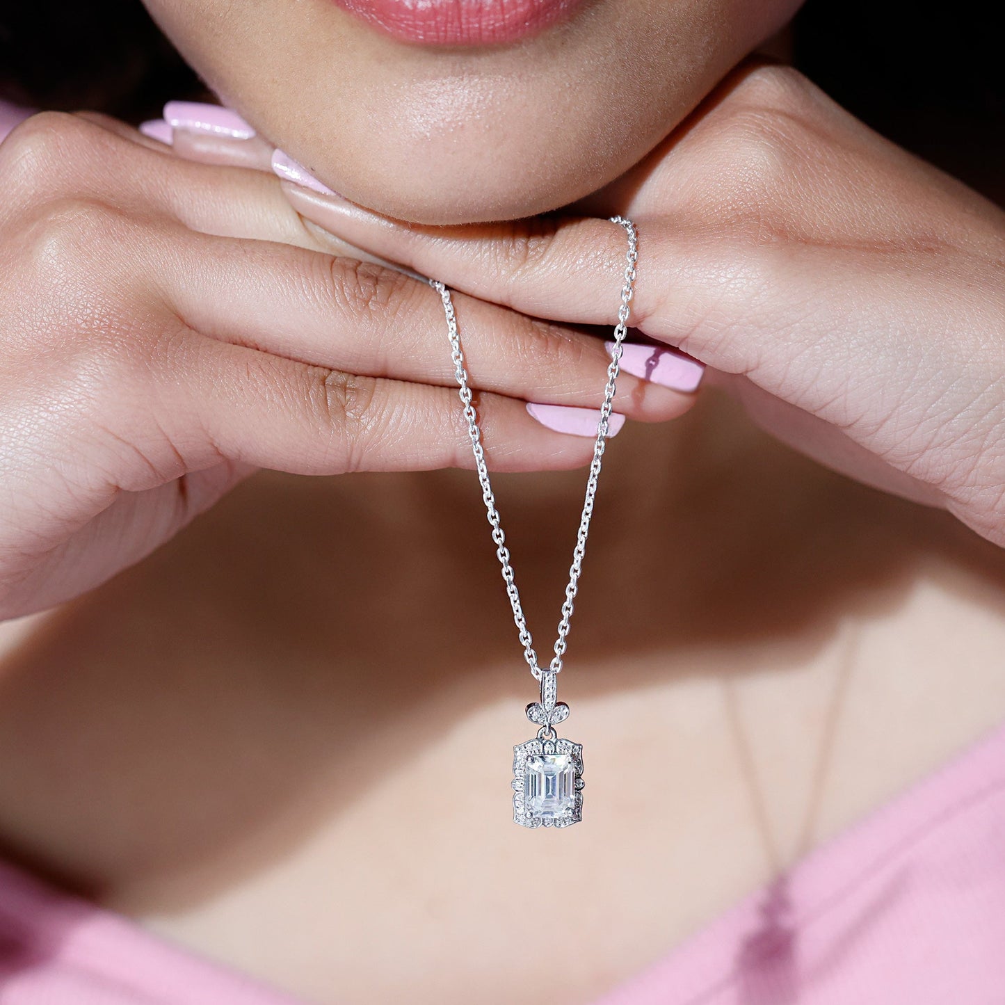 2.8 Carat Vintage Inspired Moissanite Emerald Cut Necklace With Silver Chain