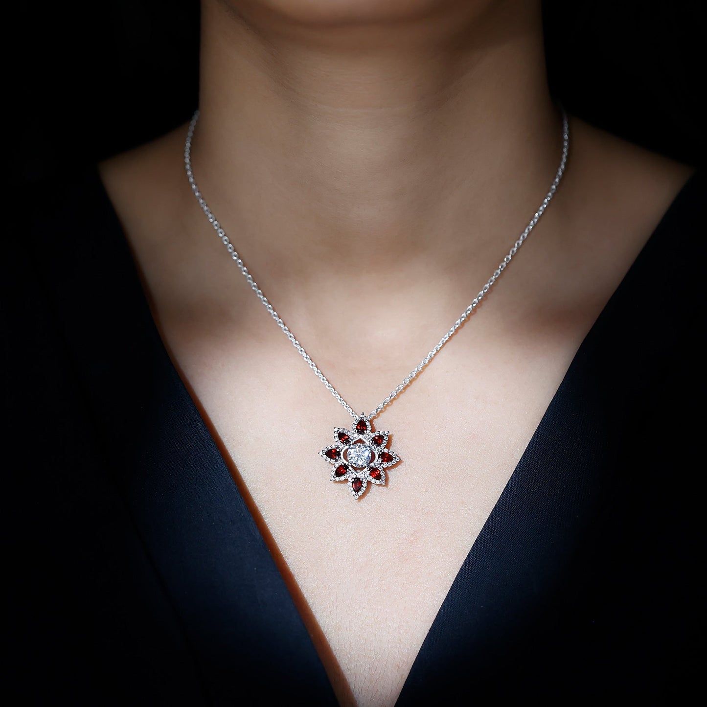 Certified 1.36 Carat Moissanite Statement Flower Necklace with Garnet