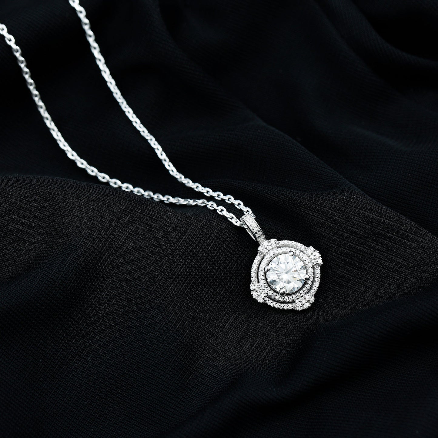 Certified 2 Carat Moissanite Double Halo Necklace with Silver Chain