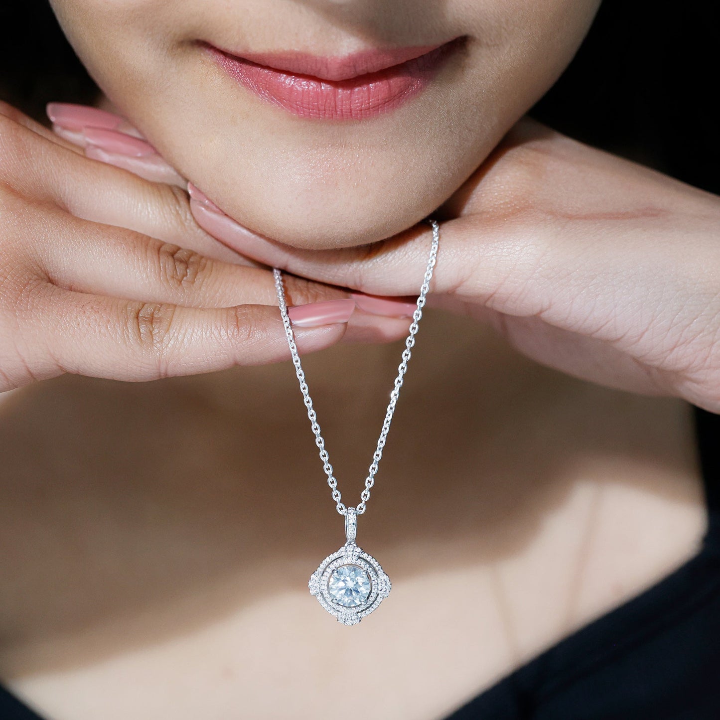 Certified 2 Carat Moissanite Double Halo Necklace with Silver Chain