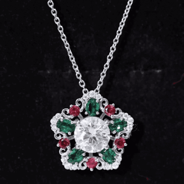 Certified 2 Carat Moissanite Statement Necklace with Lab Ruby and Emerald