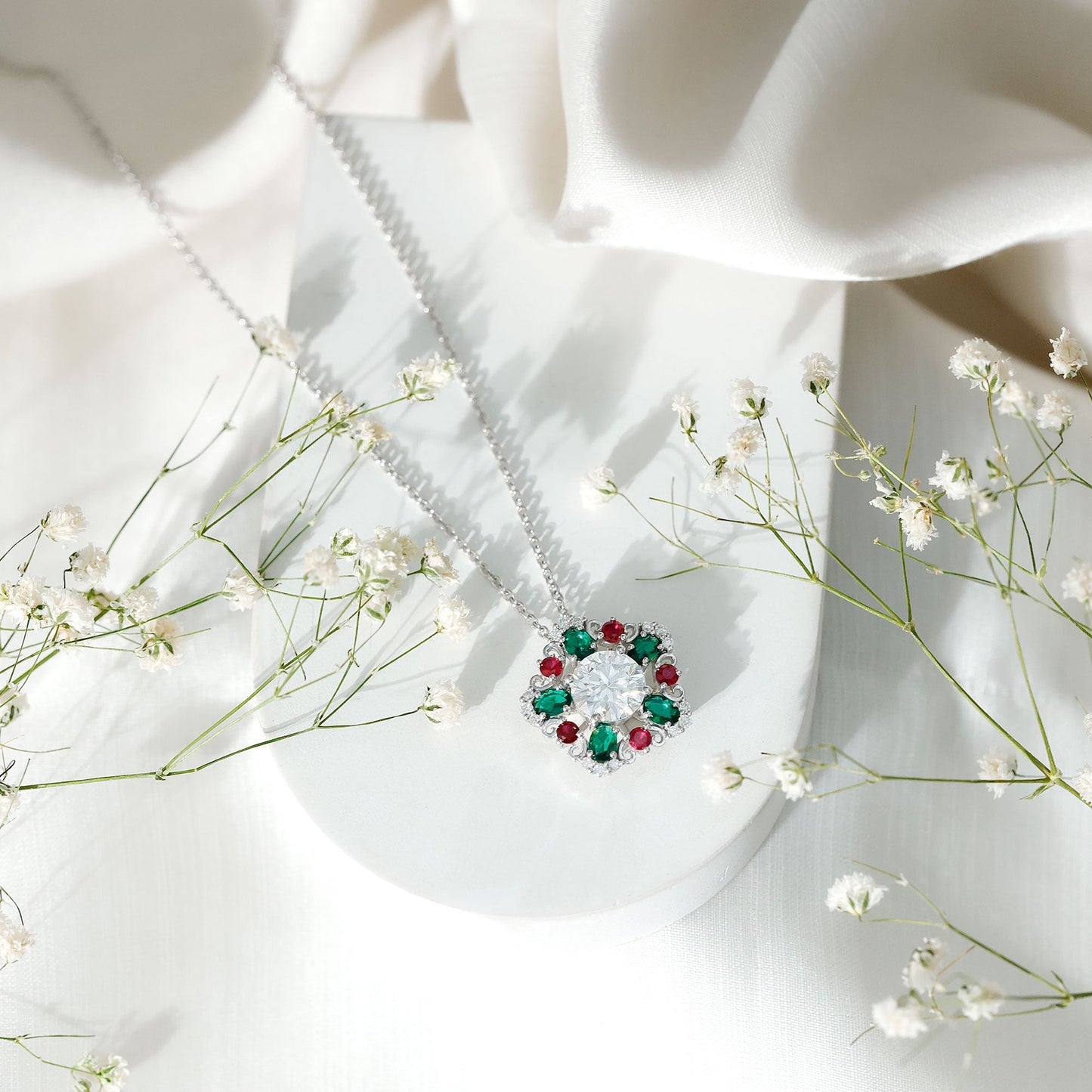 Certified 2 Carat Moissanite Statement Necklace with Lab Ruby and Emerald