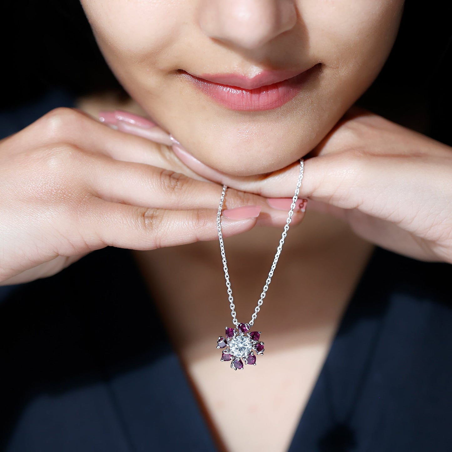 2 Carat Moissanite Designer Necklace with Rhodolite
