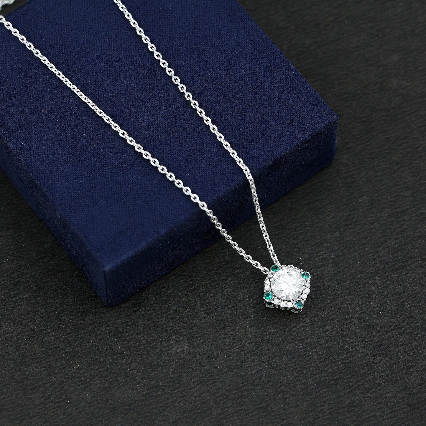 2 Carat Moissanite Vintage Inspired Necklace with Lab Emerald