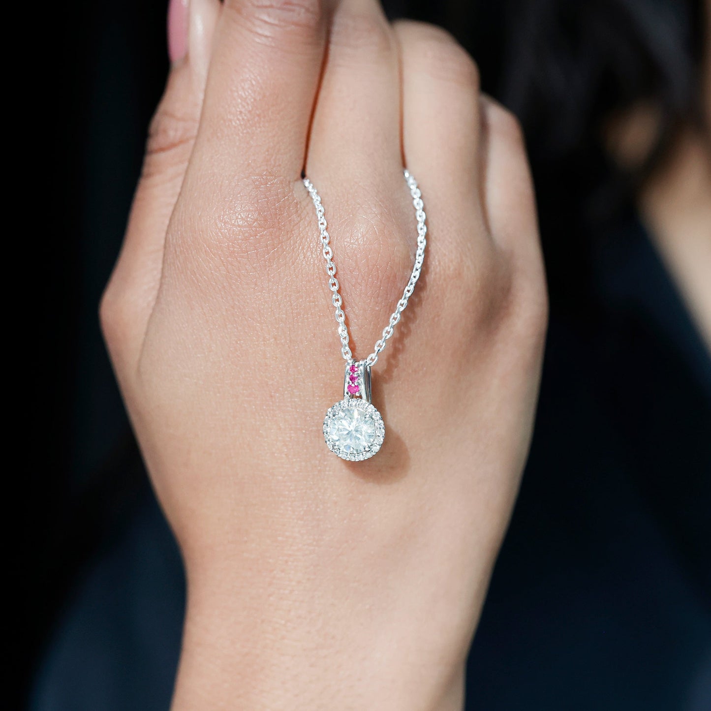 Sterling Silver 2 Carat Moissanite Halo Pendant Necklace with Ruby