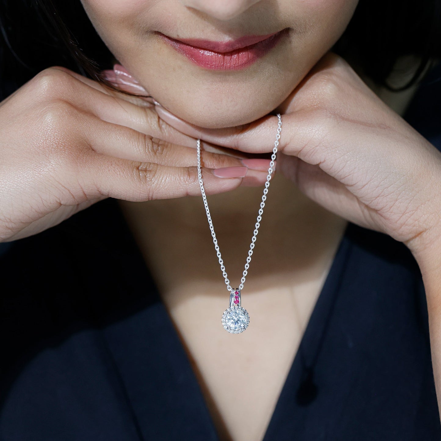 Sterling Silver 2 Carat Moissanite Halo Pendant Necklace with Ruby