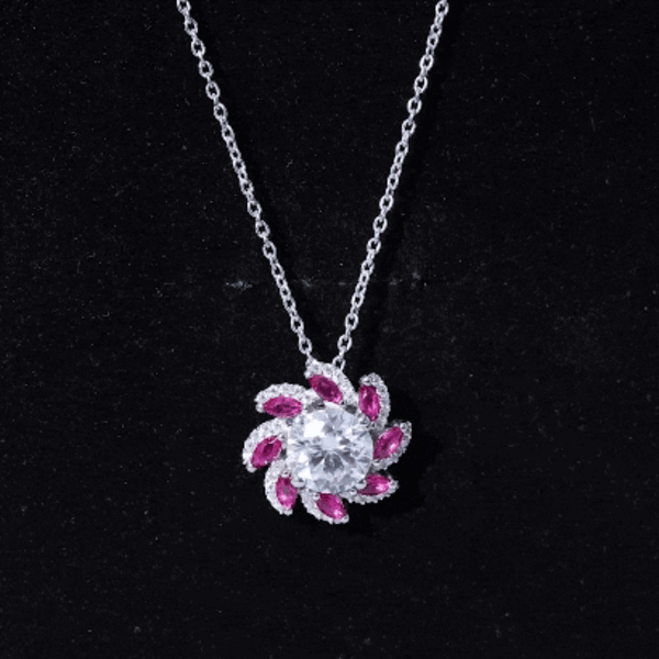 2 Carat Moissanite and Lab Ruby Flower Pendant Necklace
