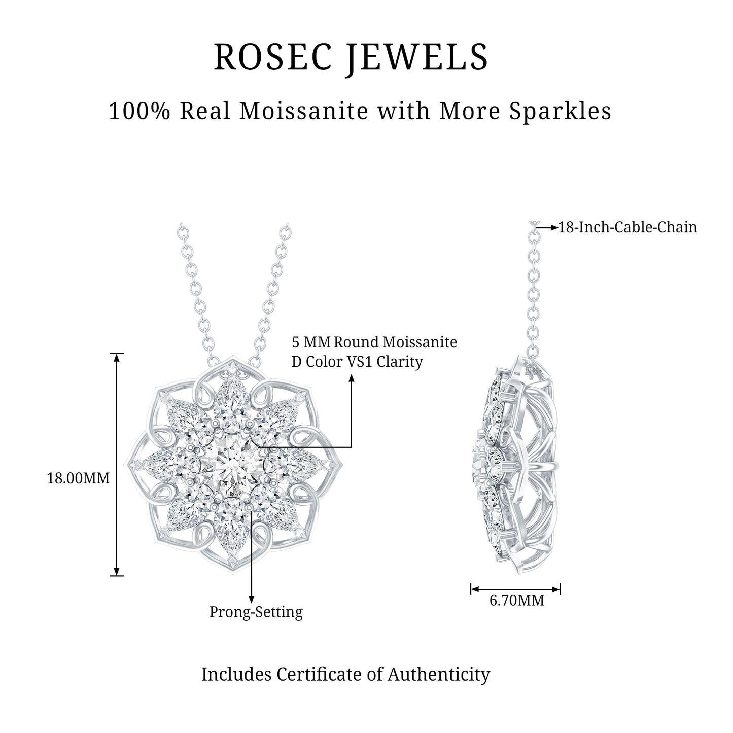 Certified Moissanite Flower Pendant Necklace with Chain
