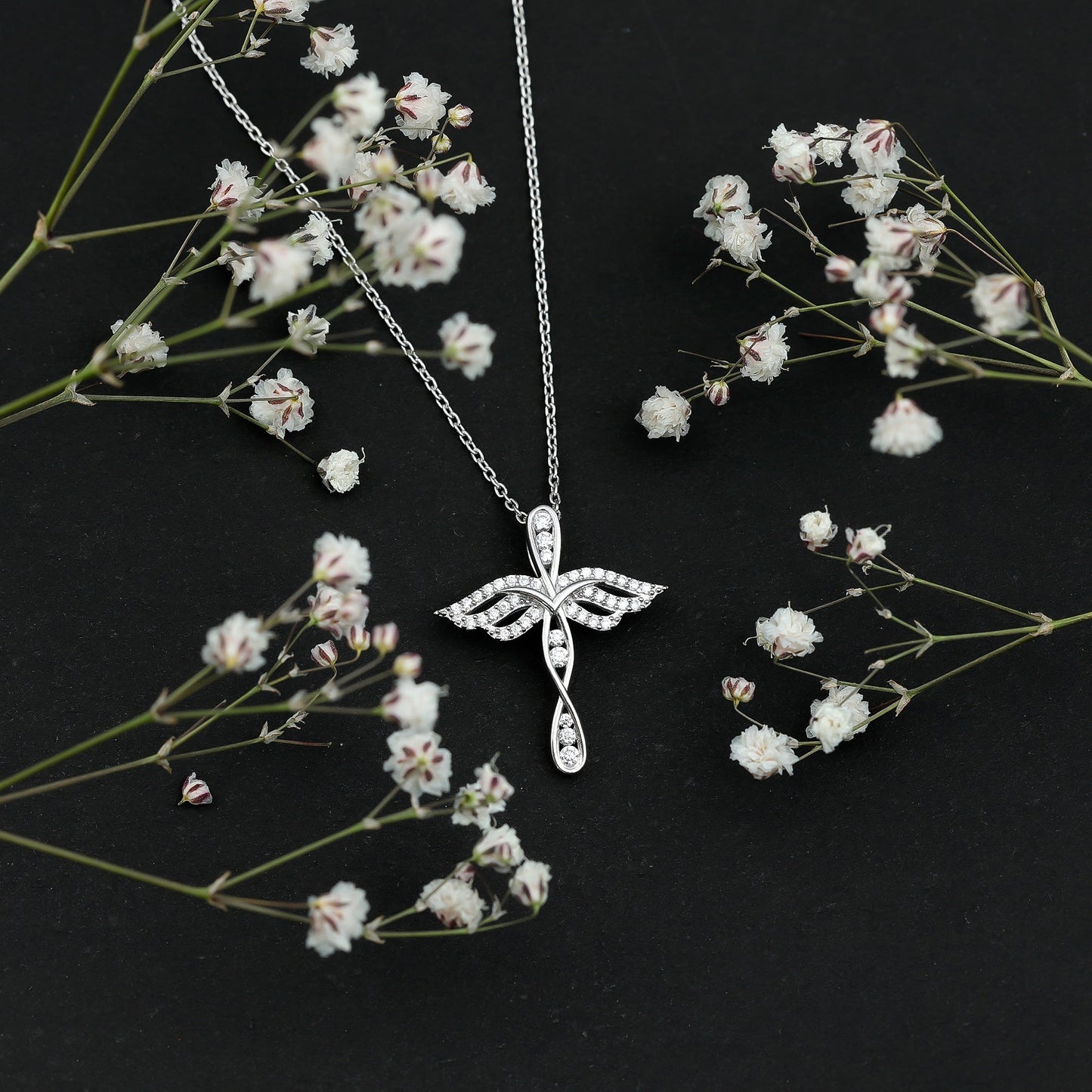 Certified Moissanite Angel Wings Cross Necklace with Silver Chain