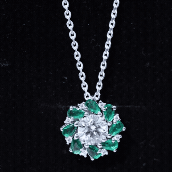 Certified 2 Carat Moissanite and Lab Emerald Flower Necklace in Silver