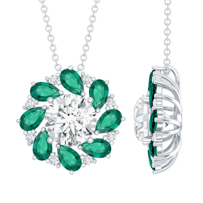 Certified 2 Carat Moissanite and Lab Emerald Flower Necklace in Silver
