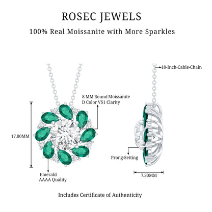 Certified 2 Carat Moissanite and Lab Emerald Flower Necklace in Silver