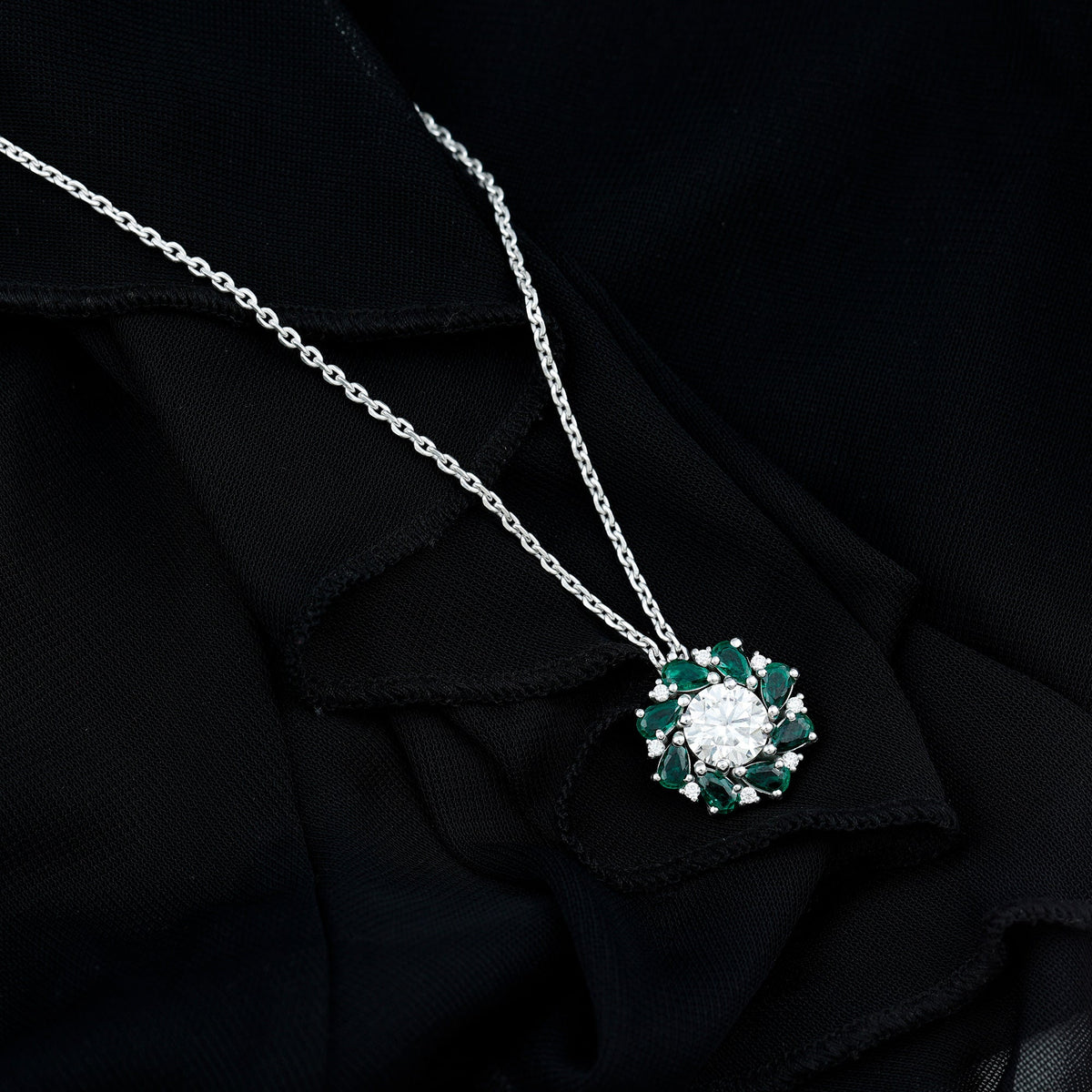 Certified 2 Carat Moissanite and Lab Emerald Flower Necklace in Silver
