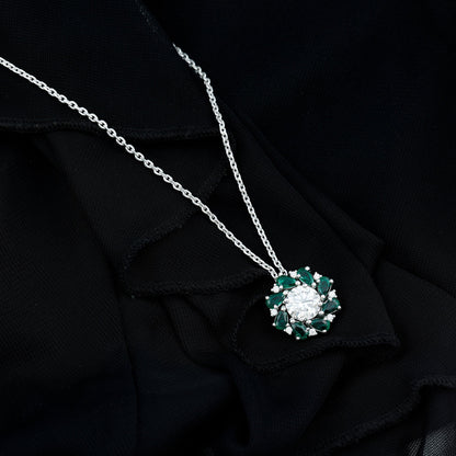 Certified 2 Carat Moissanite and Lab Emerald Flower Necklace in Silver