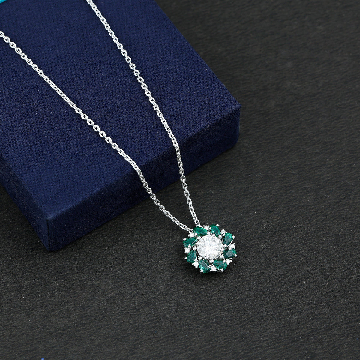 Certified 2 Carat Moissanite and Lab Emerald Flower Necklace in Silver