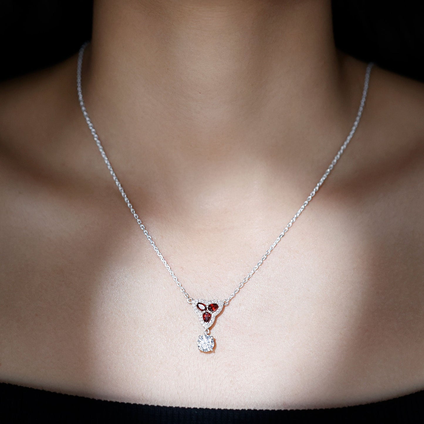 Certified Moissanite and Garnet Designer Bridal Necklace in Silver