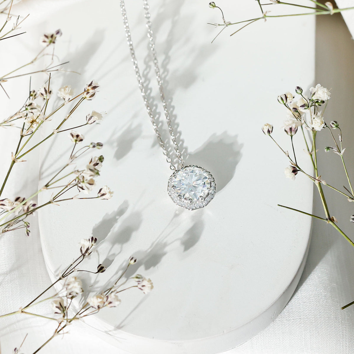 Certified 2 Carat Round Moissanite Designer Necklace with Silver Chain