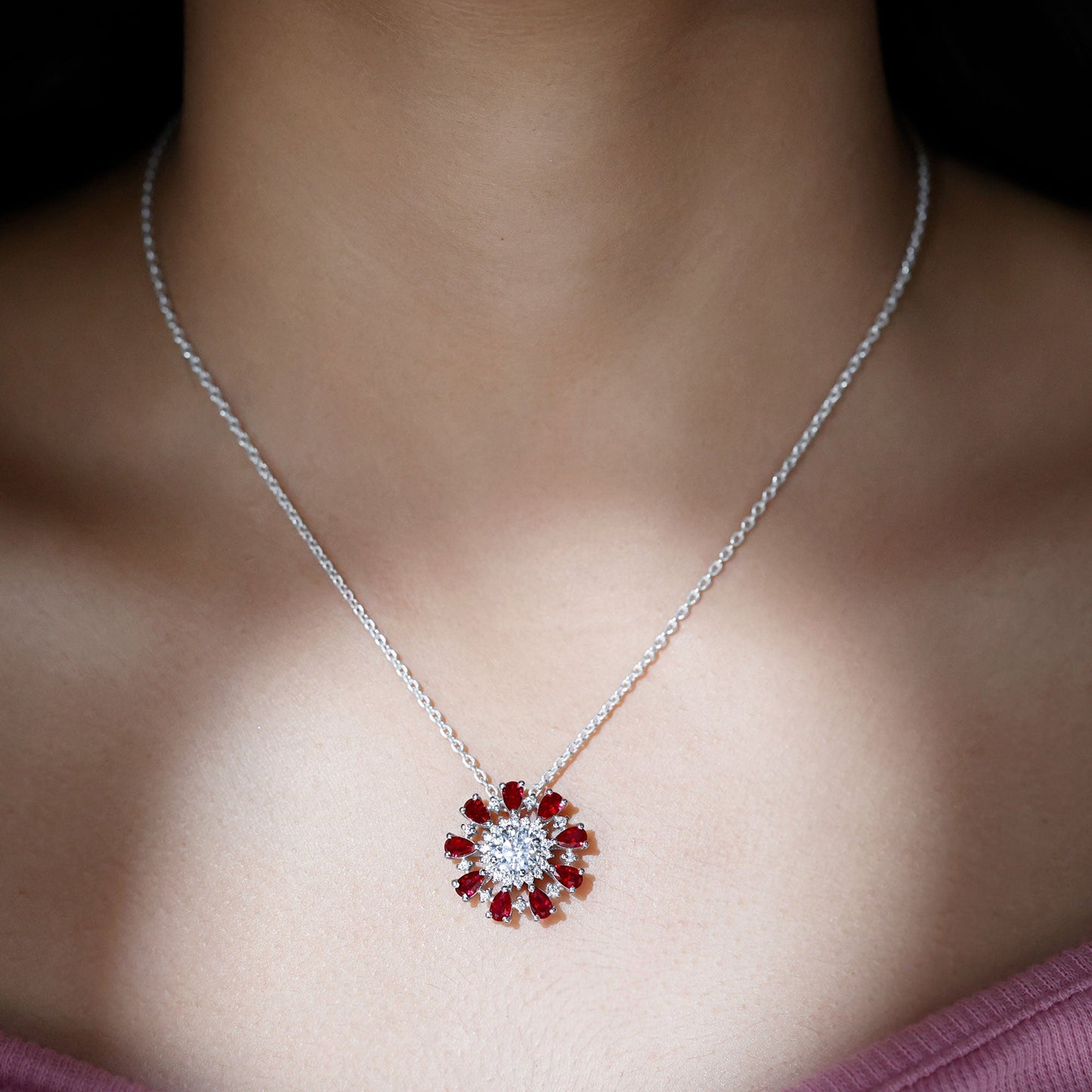 Certified 1.3 Carat Moissanite Statement Flower Necklace with Lab Grown Ruby