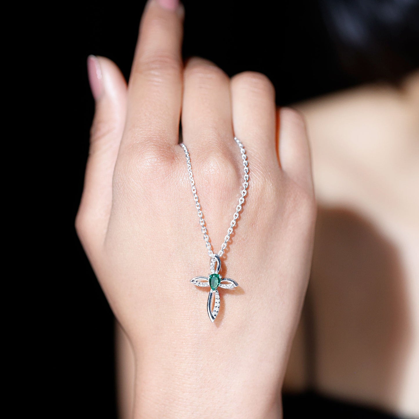 Pear Shape Lab Emerald Cross Locket with Silver Chain