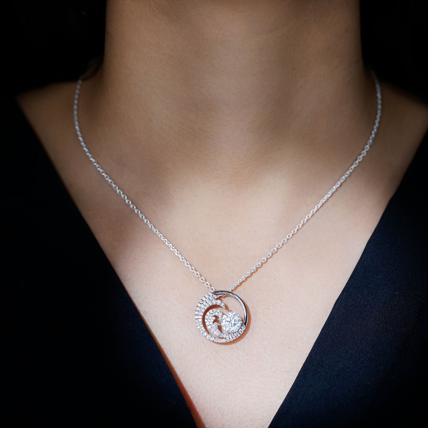 Certified Moissanite Ocean Wave Necklace with Silver Chain