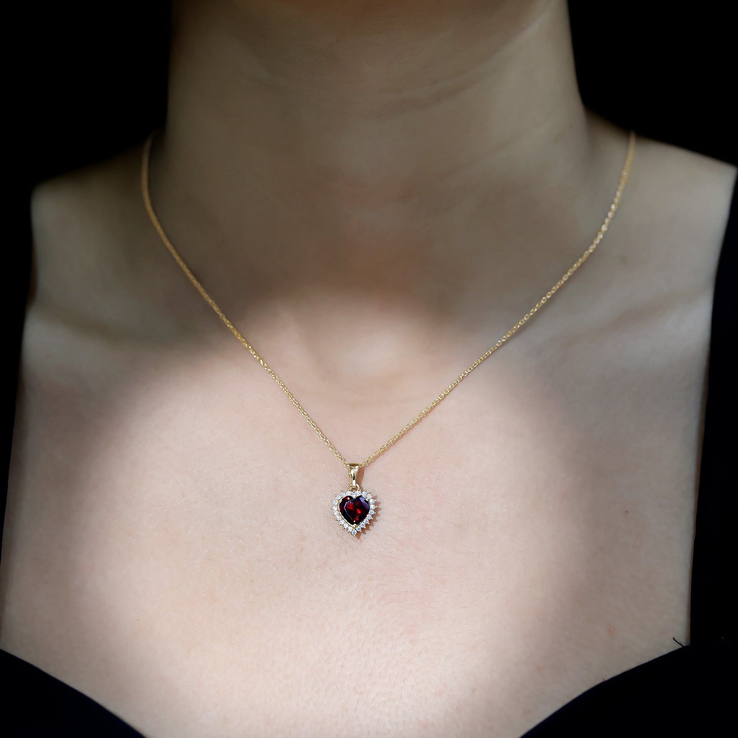Garnet Heart Pendant Necklace with Moissanite Halo