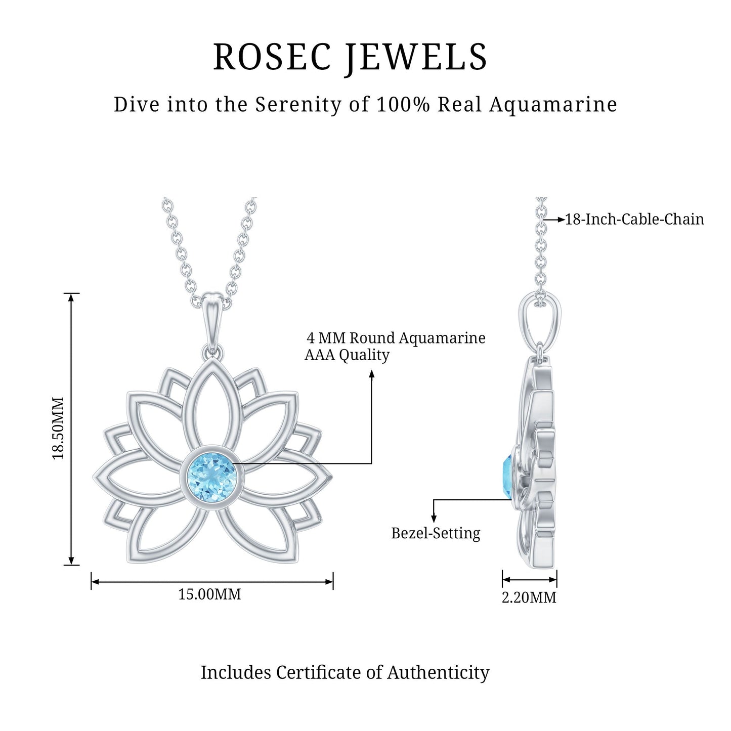 Solitaire Aquamarine Lotus Flower Pendant in Bezel Setting