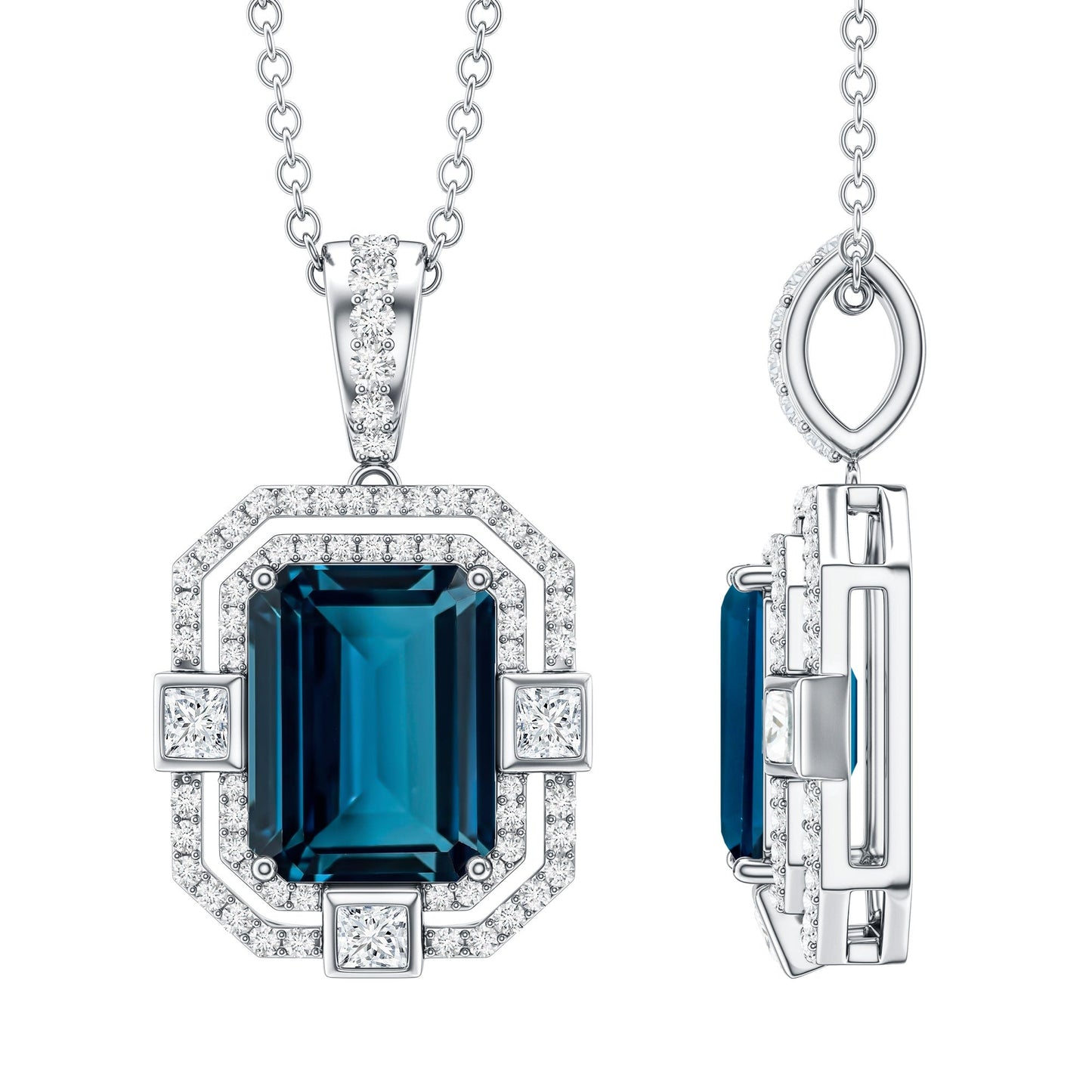 Certified 1.8 Carat Emerald Cut London Blue Topaz Vintage Necklace with Silver Chain