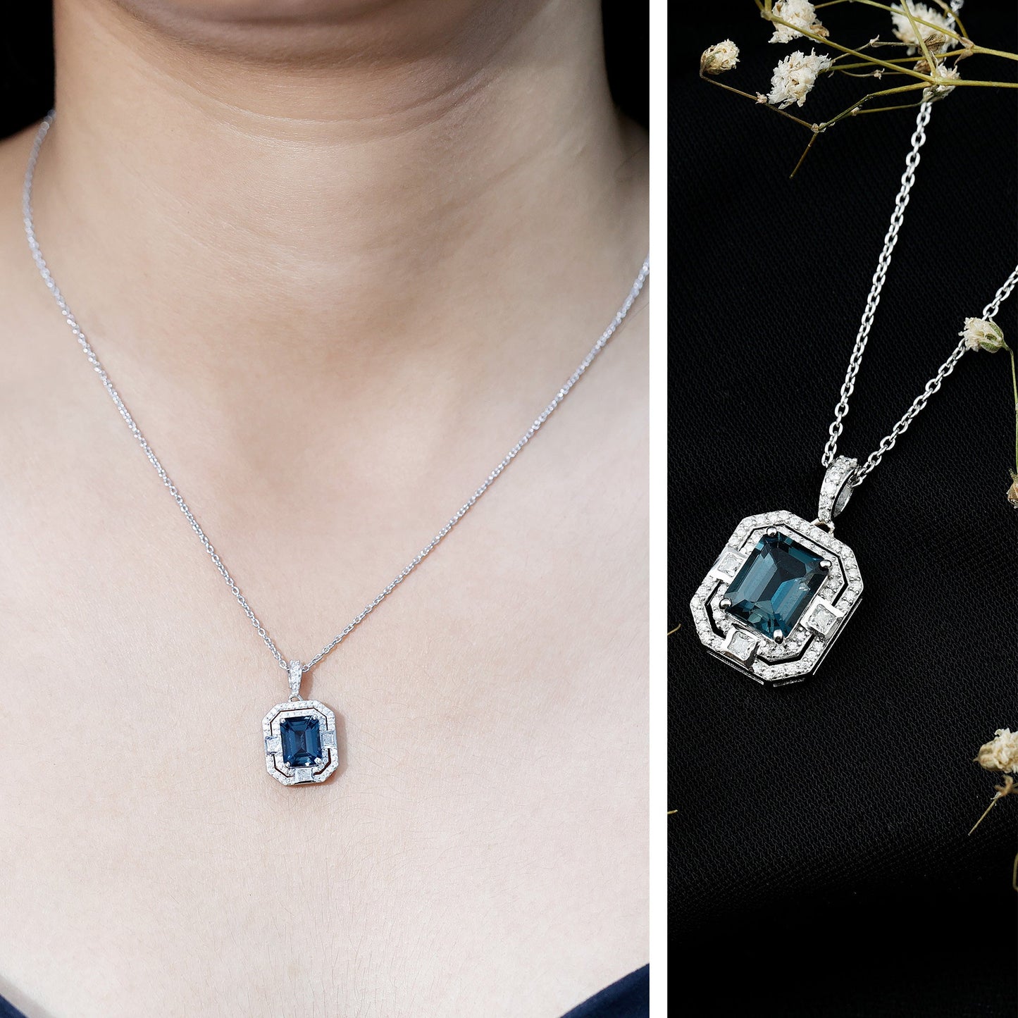 Certified 1.8 Carat Emerald Cut London Blue Topaz Vintage Necklace with Silver Chain