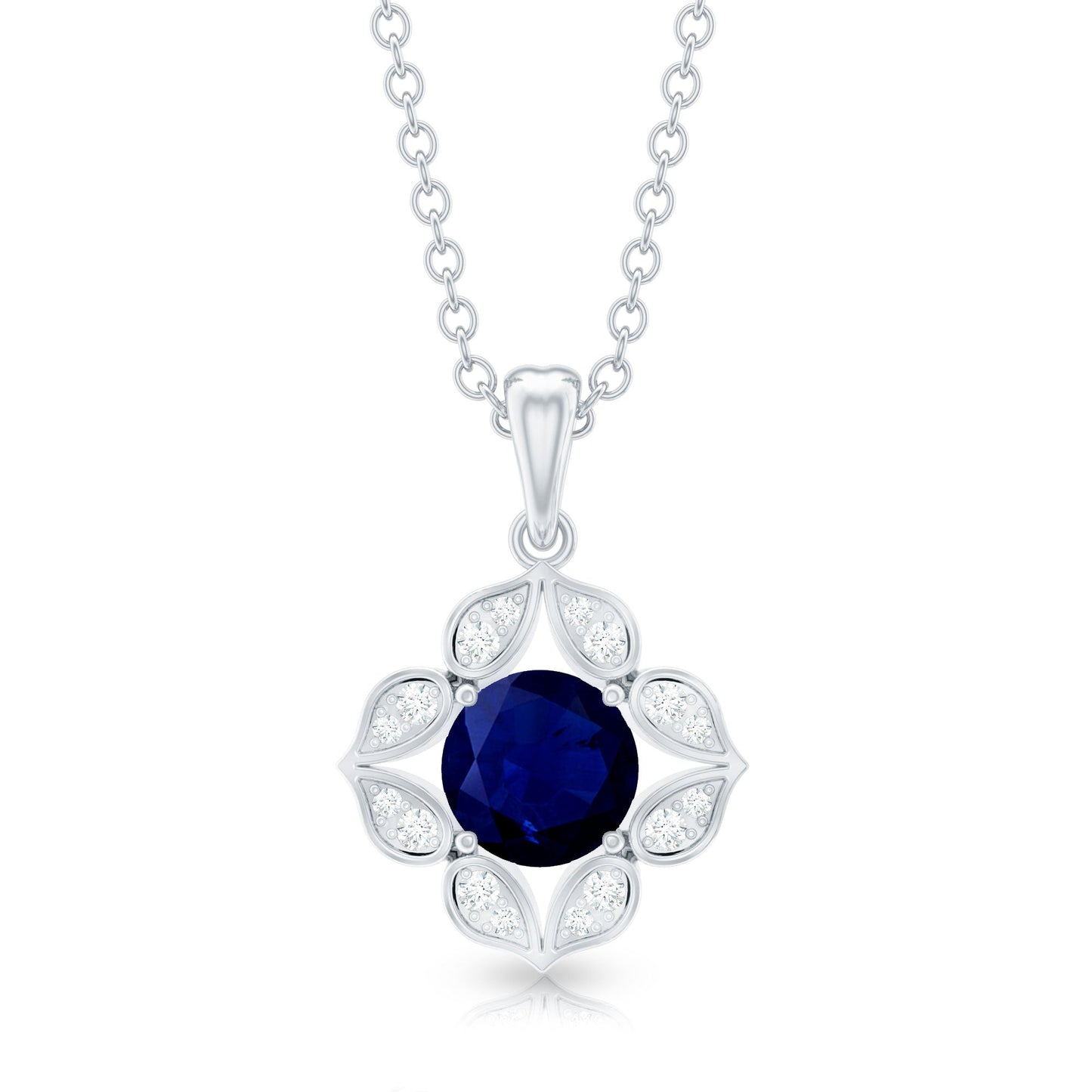 Genuine Blue Sapphire Flower Pendant Necklace with Diamond