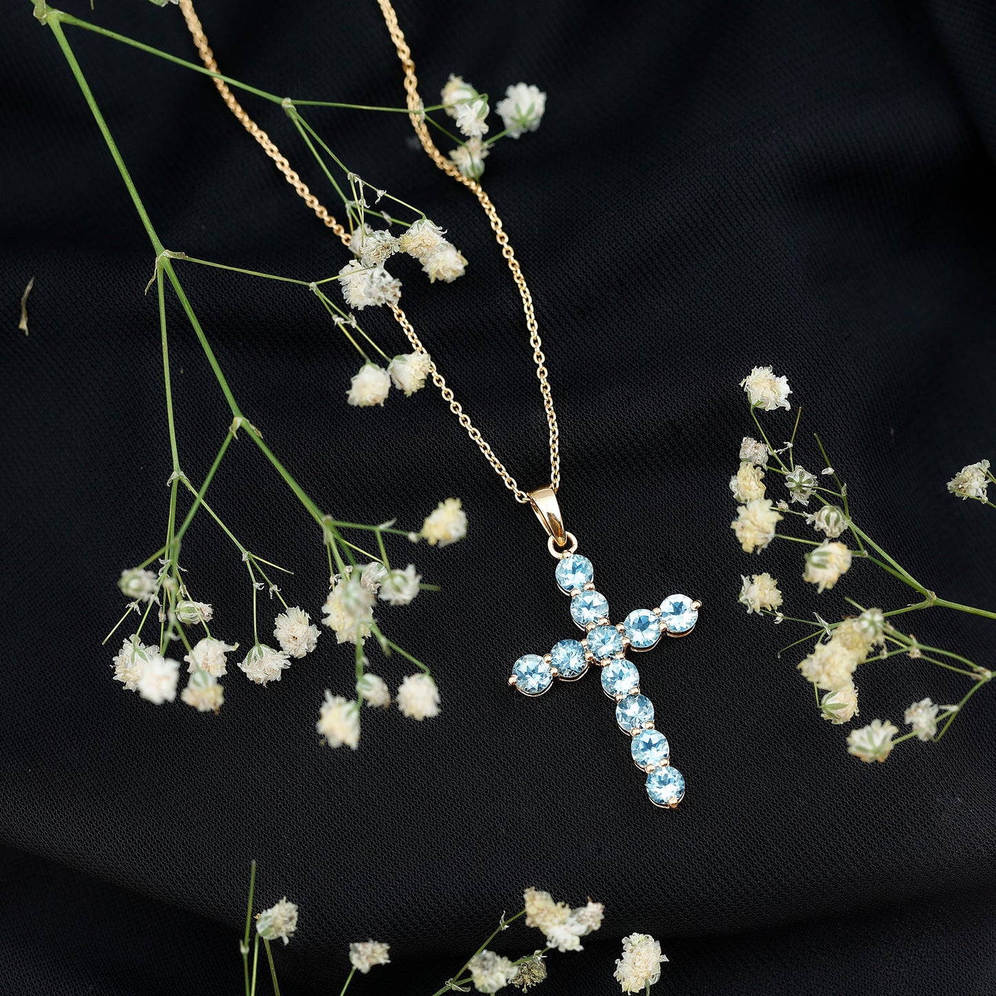 Womens Aquamarine Cross Pendant Necklace with Chain
