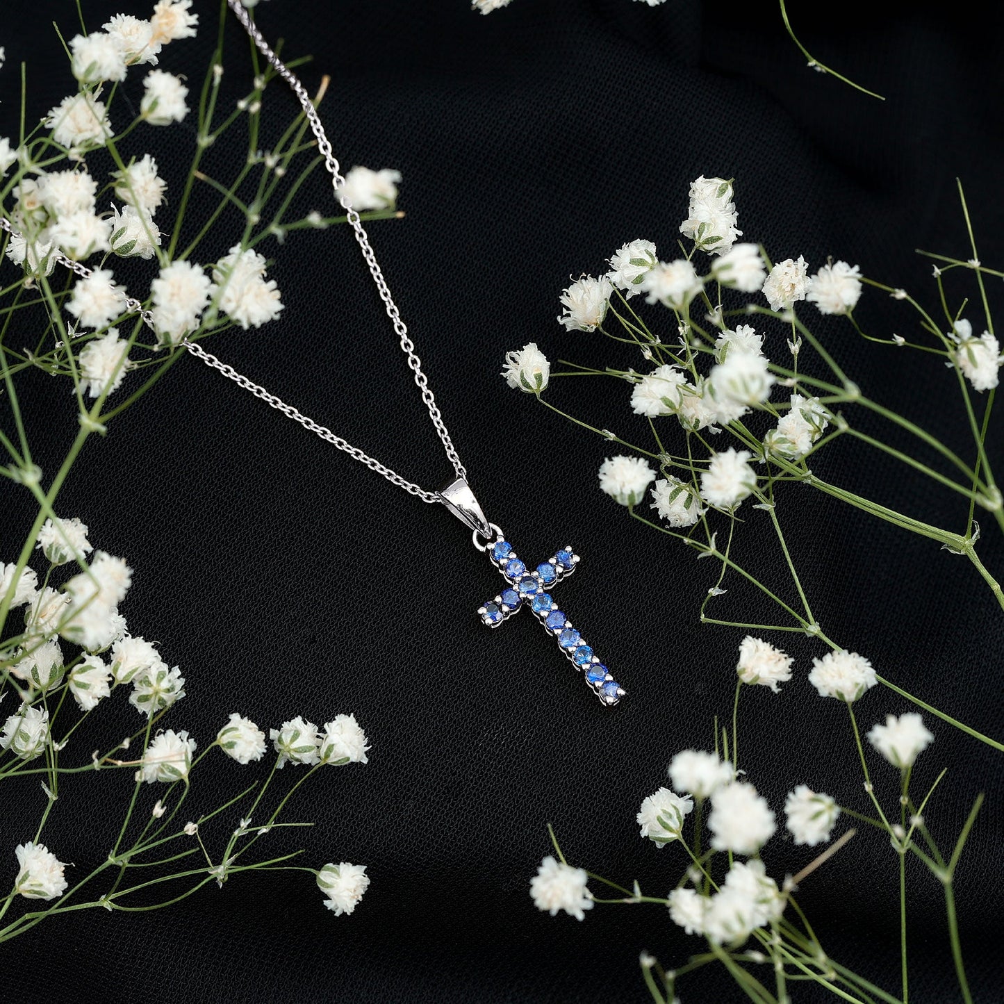 Genuine Blue Sapphire Cross Pendant Necklace with Chain