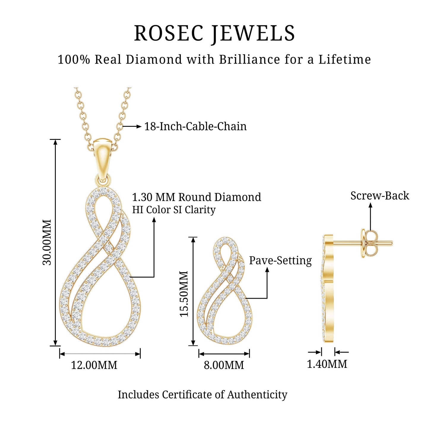 Diamond Infinity Necklace Earrings Set For Women