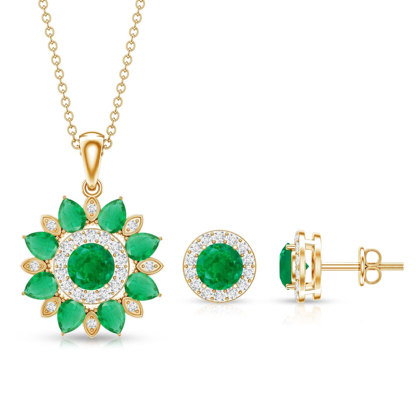 Certified Emerald and Moissanite Flower Jewelry Set