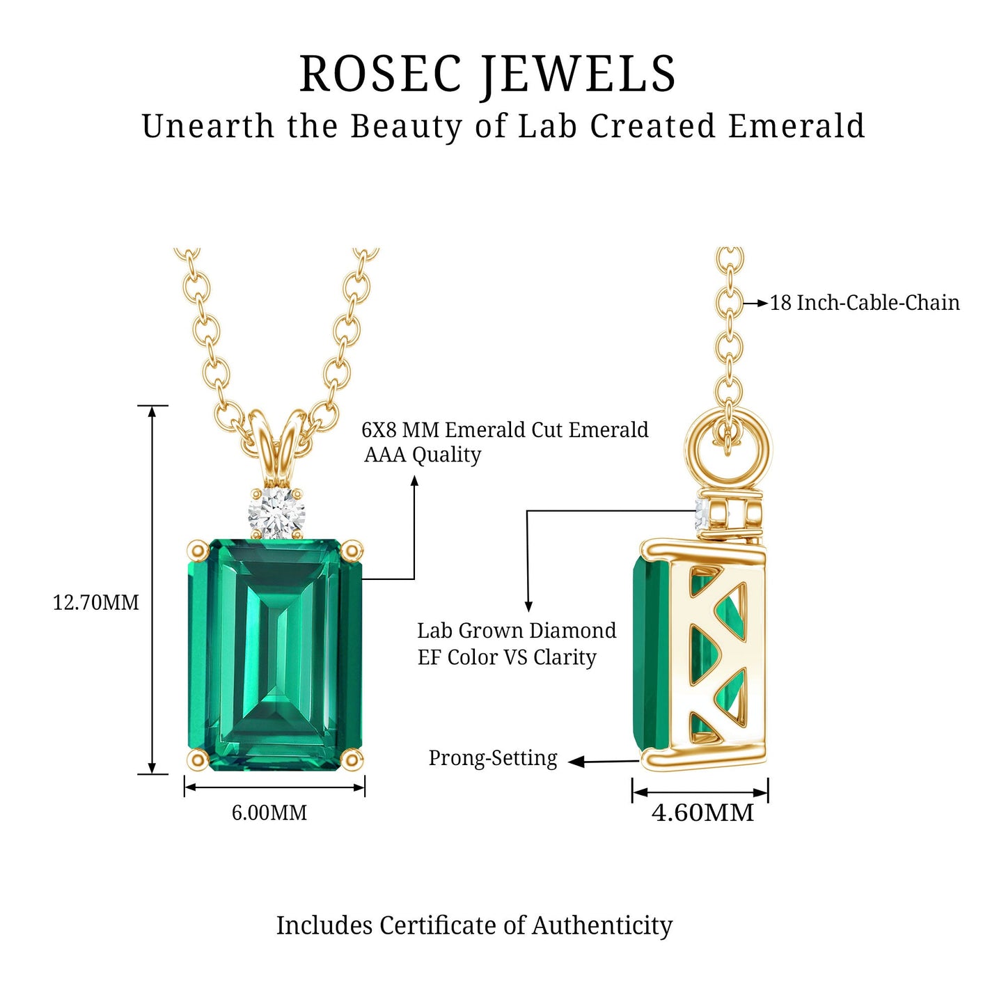 1.6 Carat Emerald Cut Lab Created Emerald Solitaire Necklace with Diamond
