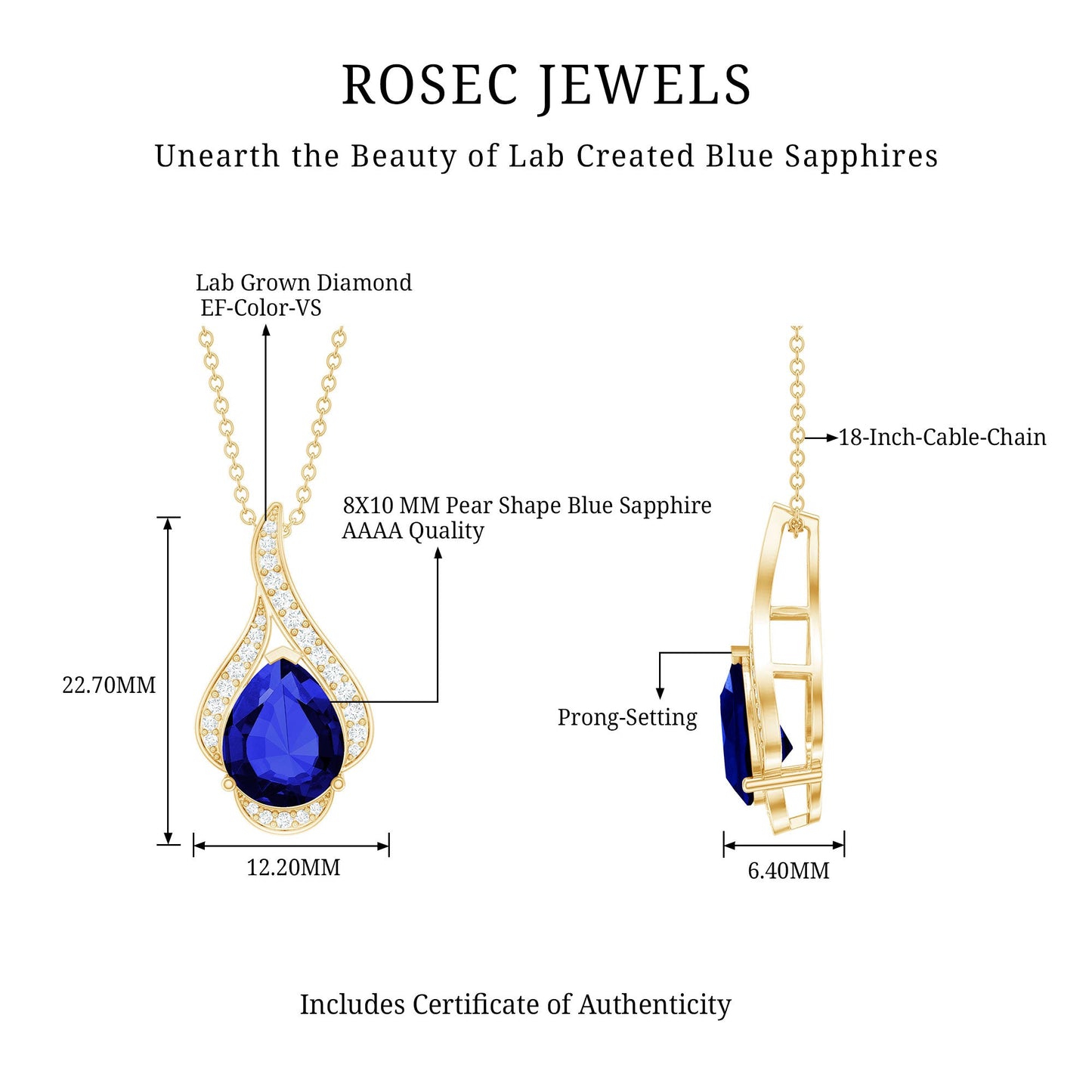 Classic Lab Grown Blue Sapphire Pendant Necklace With Diamond
