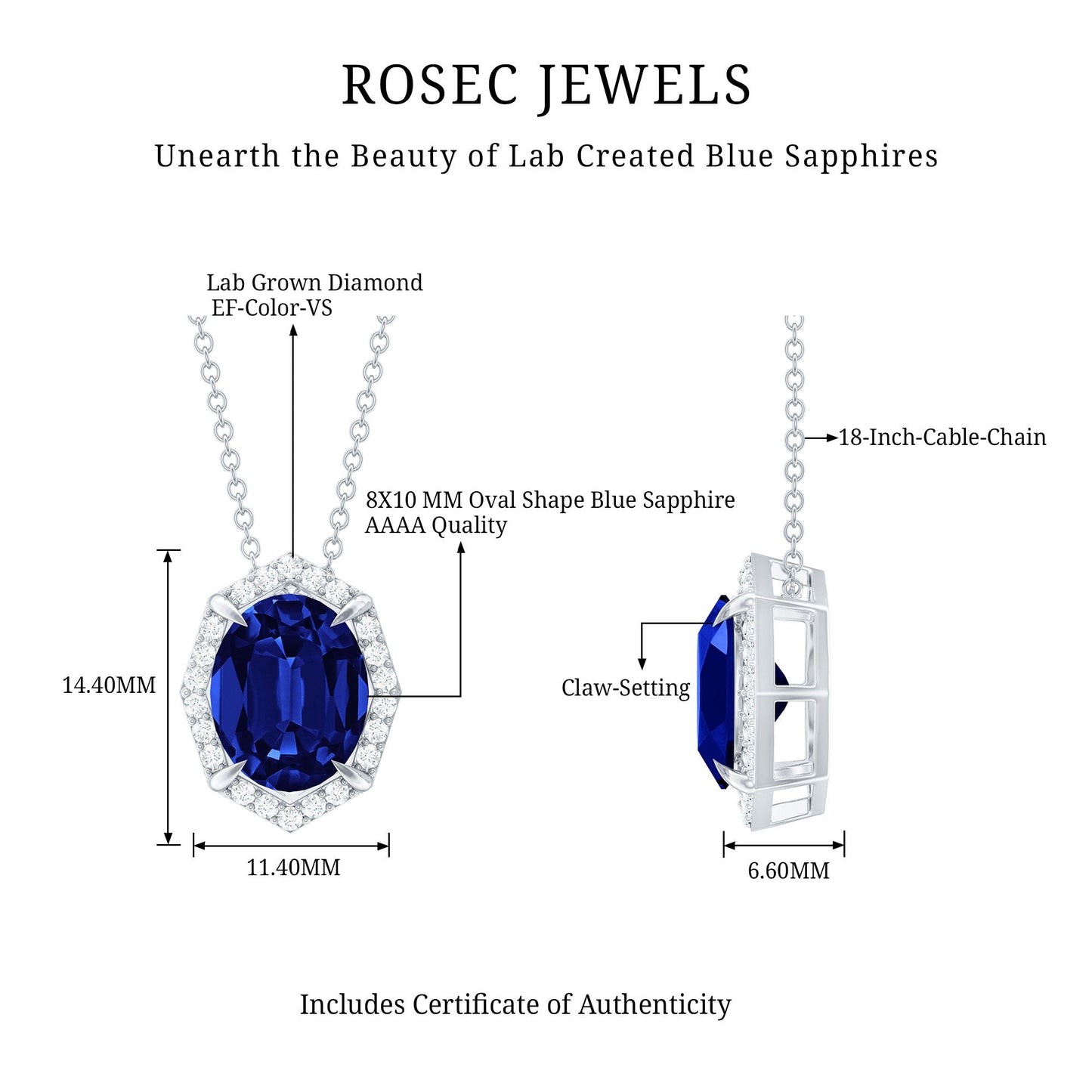 Lab Grown Blue Sapphire Art Deco Pendant Necklace with Diamond Halo