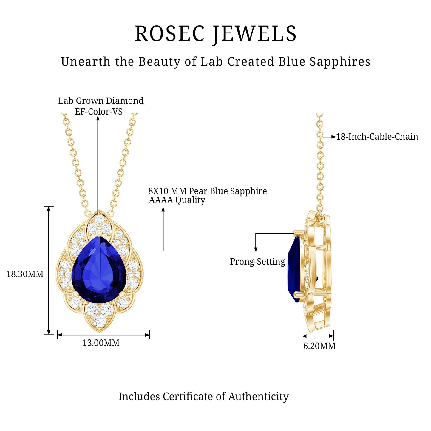 Certified Lab Grown Blue Sapphire Petal Necklace with Diamond