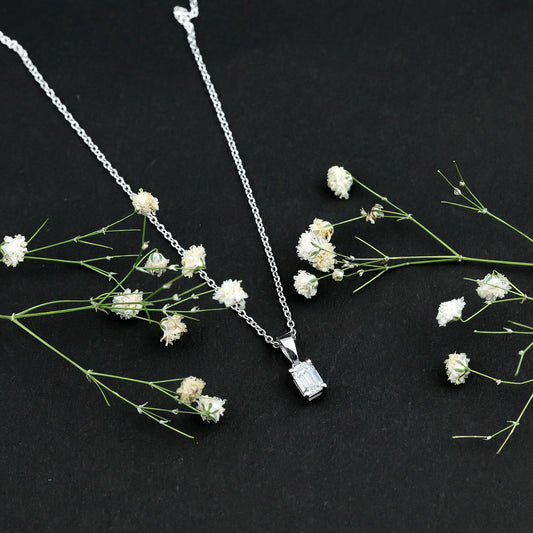 6X8mm Emerald Cut Cubic Zirconia Solitaire Necklace With Silver Chain