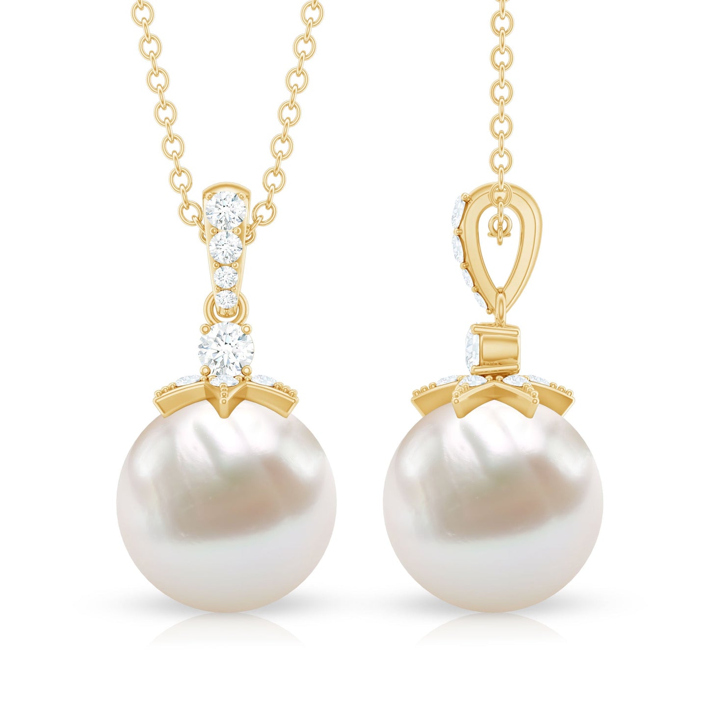 Real Freshwater Pearl and Diamond Drop Pendant Necklace