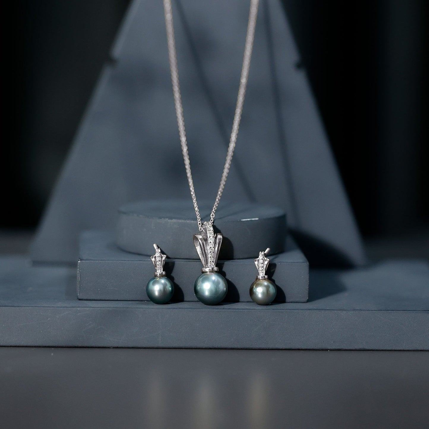 Genuine Tahitian Pearl and Diamond Drop Necklace Earrings Set