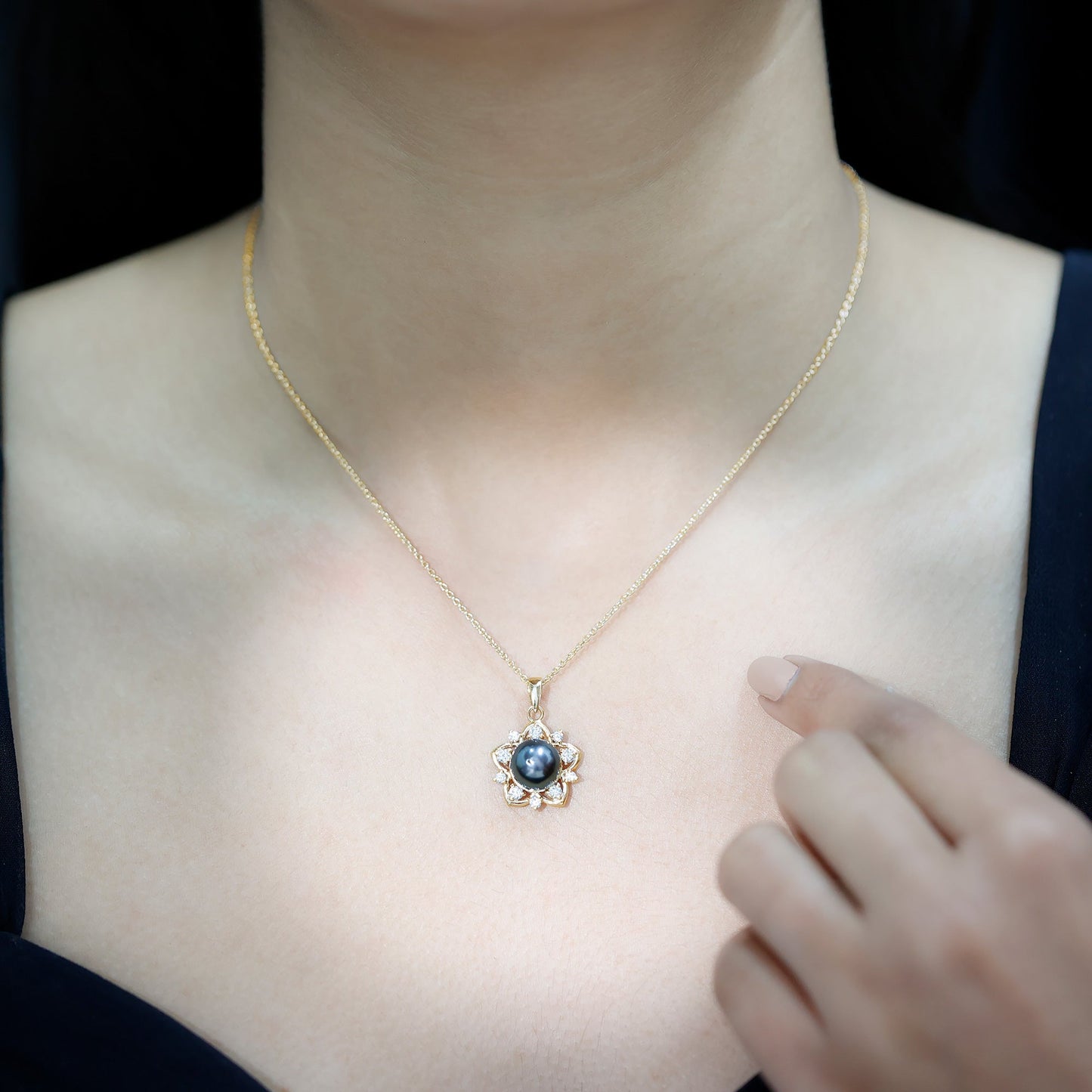 Real Tahitian Pearl and Diamond Star Pendant Necklace With Chain