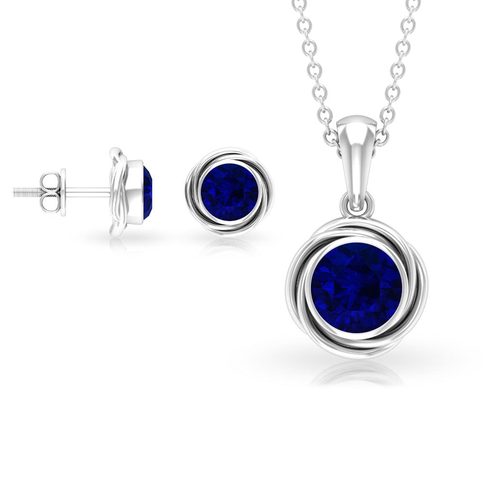 Solitaire Lab Created Blue Sapphire Swirl Jewelry Set with Certificate