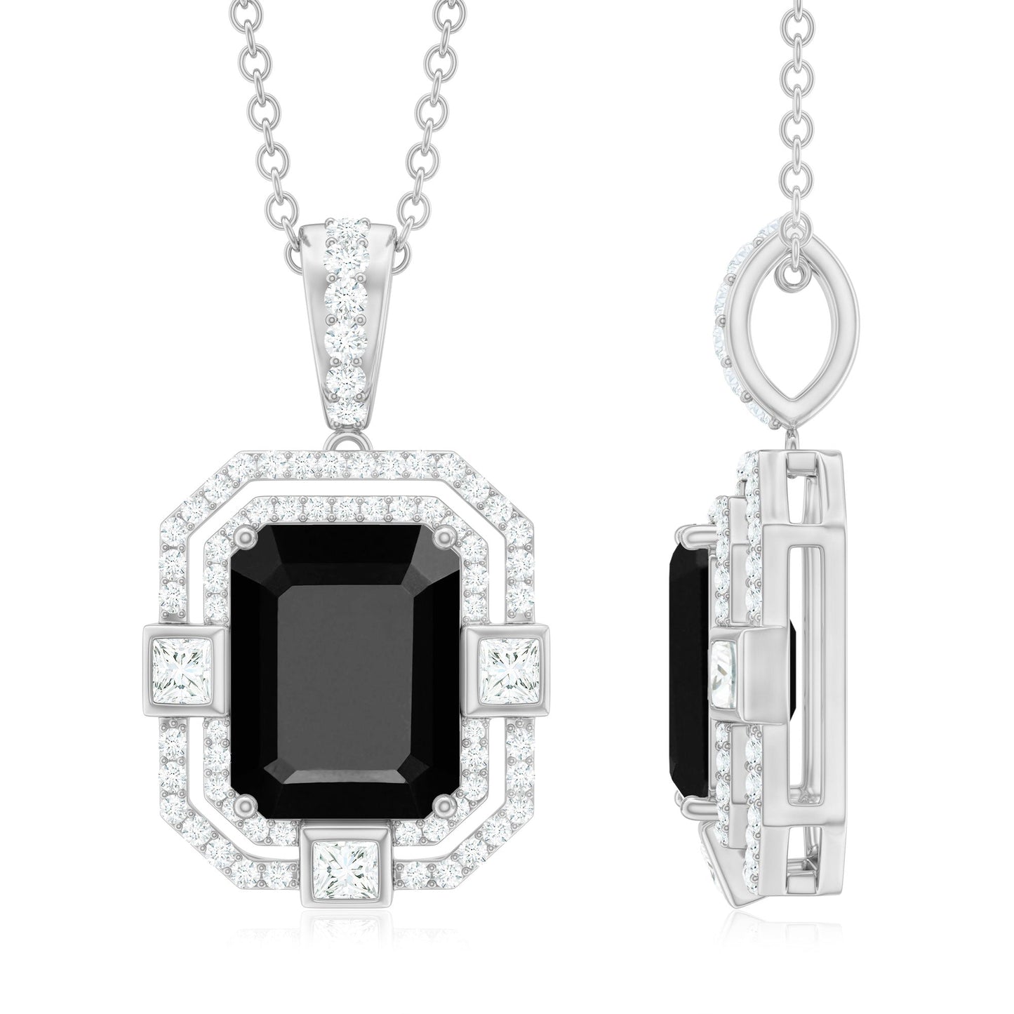 Black Spinel Vintage Inspired Pendant Necklace With Diamond Accent