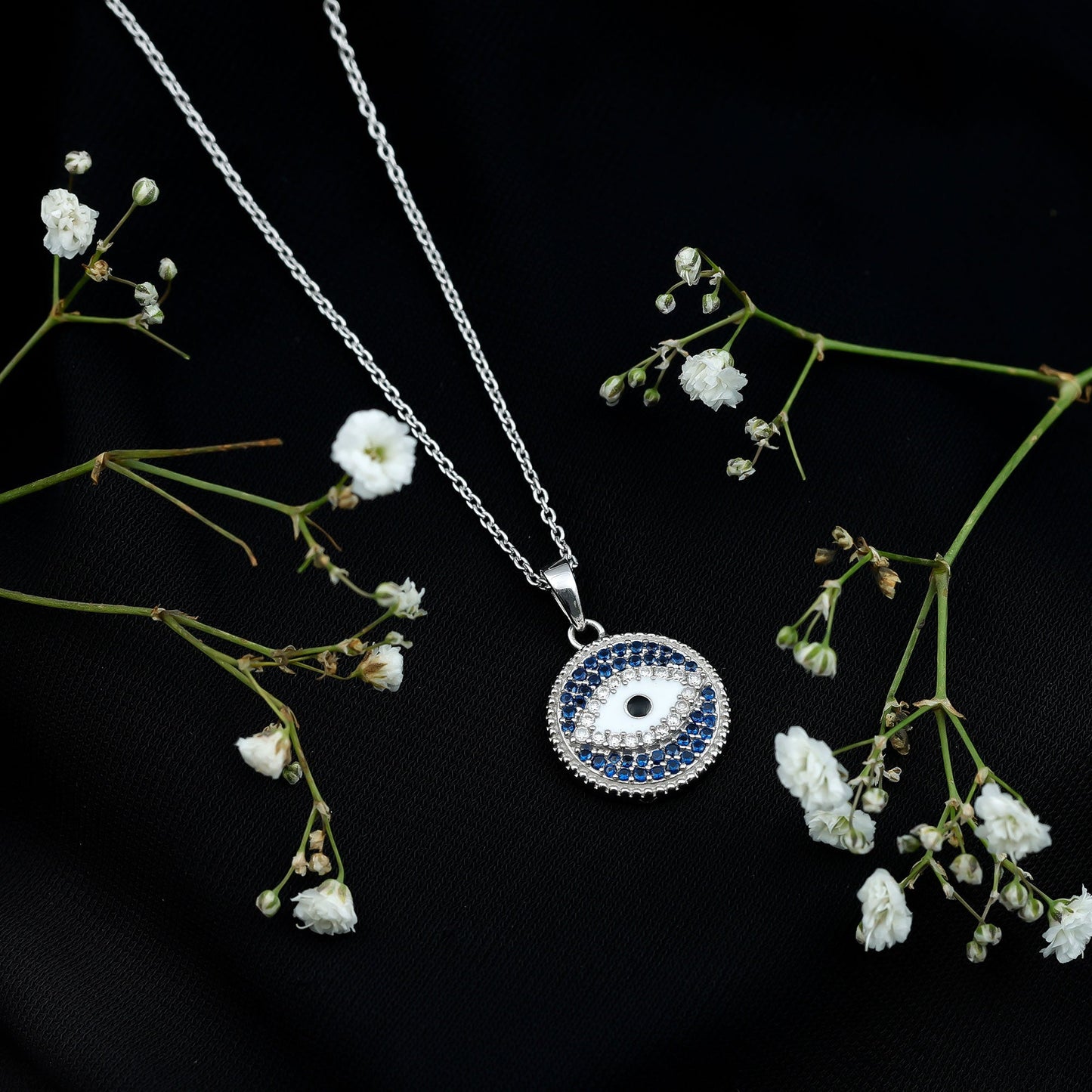 Evil Eye Necklace with Lab Grown Blue Sapphire and Moissanite