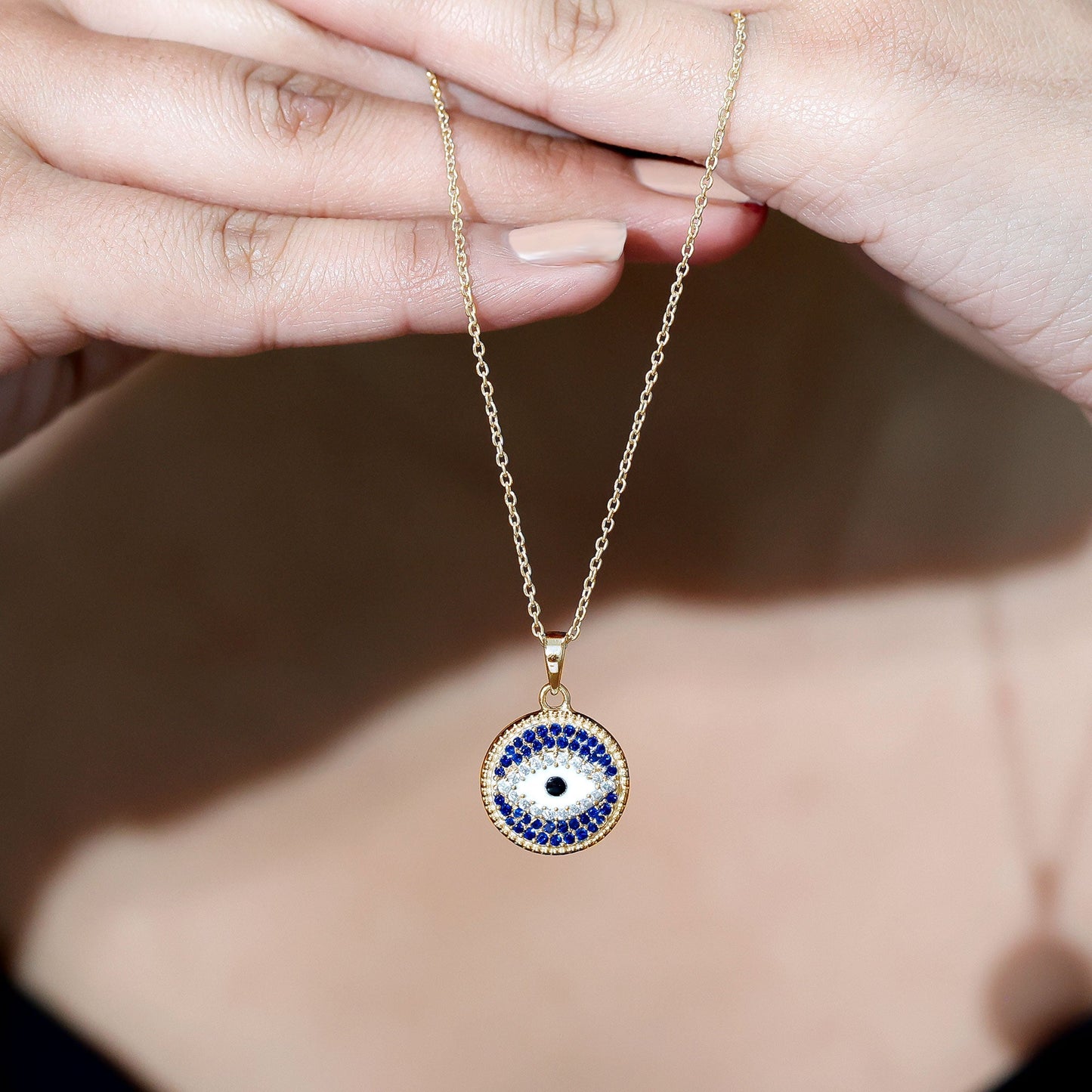 Evil Eye Necklace with Lab Grown Blue Sapphire and Moissanite