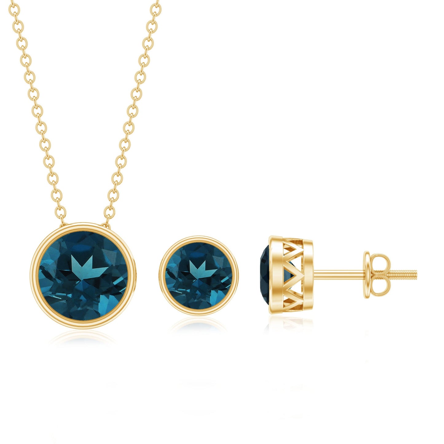Round London Blue Topaz Solitaire Jewelry Set in Bezel Setting