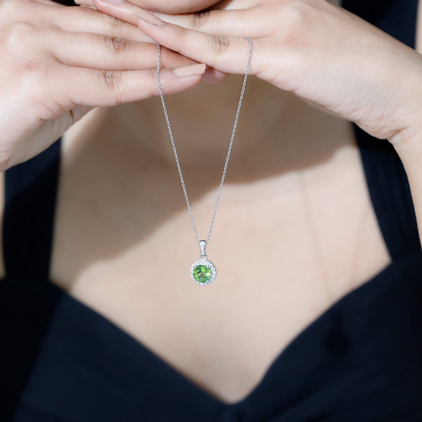 Sterling Silver 2 Carat Peridot Pendant Necklace with Halo