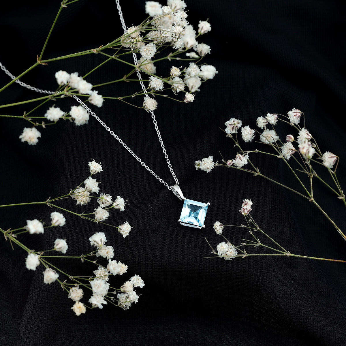3 Carat Princess Cut Sky Blue Topaz Solitaire Necklace with Silver Chain
