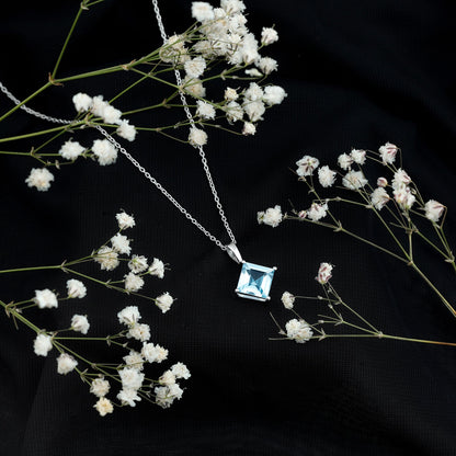 3 Carat Princess Cut Sky Blue Topaz Solitaire Necklace with Silver Chain